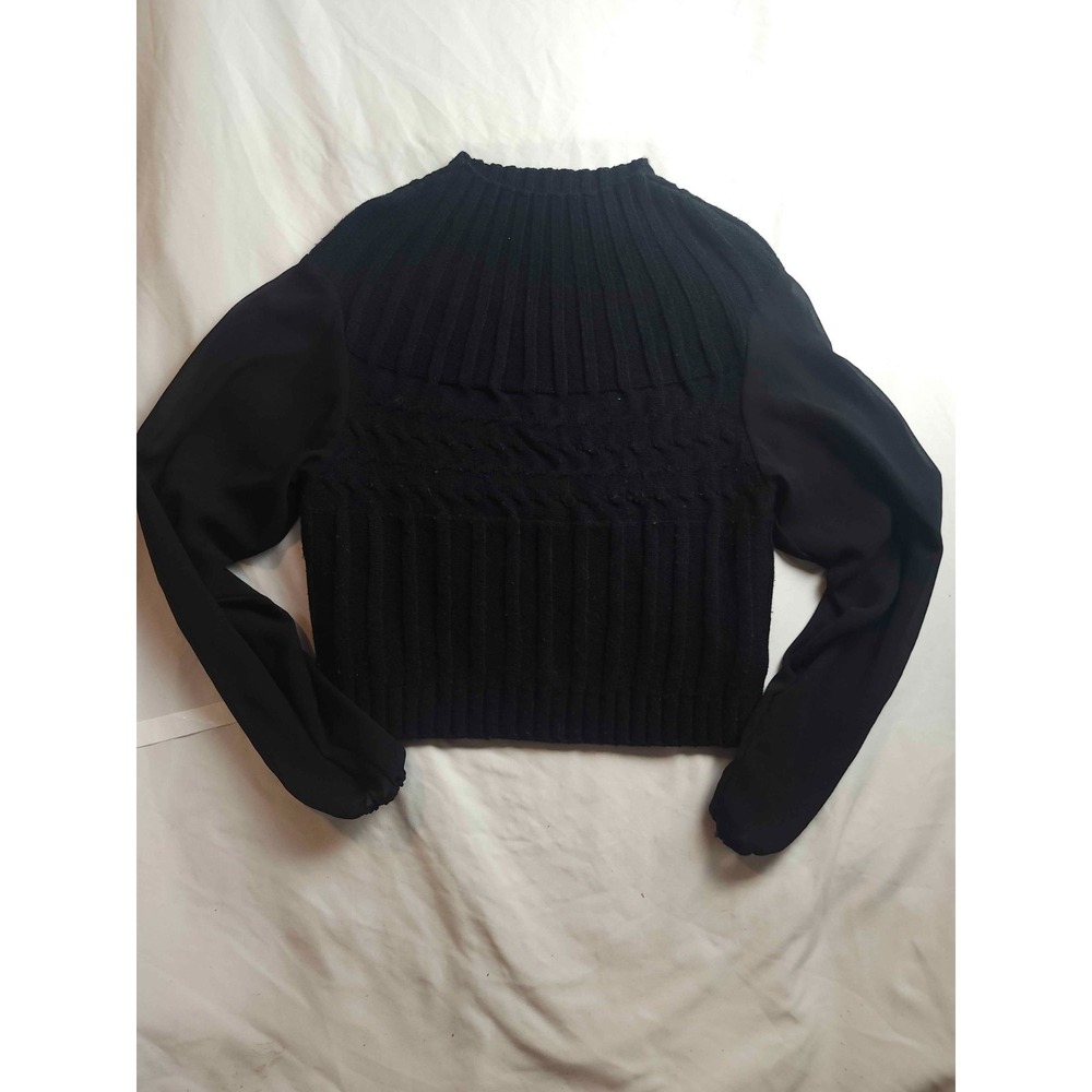 OAT Mock Neck Sweater Womens Size Small Black Knit Mixed Media Sheer Long Sleeve